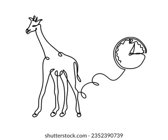 Silhouette of abstract giraffe with clock as line drawing on white. Vector