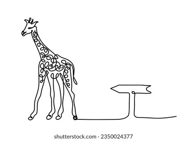 Silhouette of abstract giraffe with direction as line drawing on white. Vector