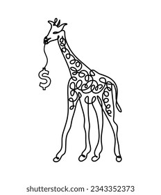 Silhouette of abstract giraffe with dollar as line drawing on white. Vector