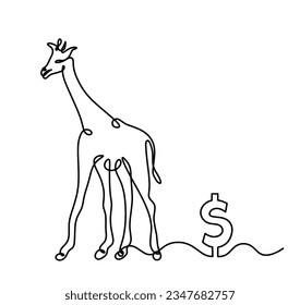 Silhouette of abstract giraffe with dollar as line drawing on white. Vector