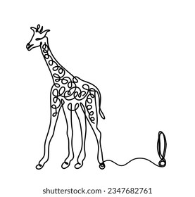 Silhouette of abstract giraffe with exclamation mark as line drawing on white. Vector