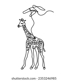 Silhouette of abstract giraffe with hand as line drawing on white. Vector