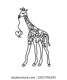 Silhouette of abstract giraffe with heart as line drawing on white. Vector