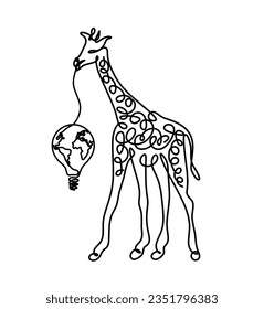 Silhouette of abstract giraffe with light bulb as line drawing on white. Vector