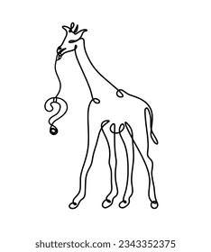 Silhouette of abstract giraffe with question mark as line drawing on white. Vector