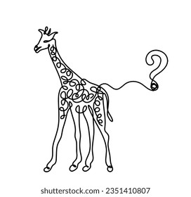 Silhouette of abstract giraffe with question mark as line drawing on white. Vector
