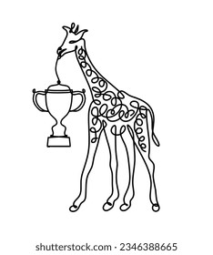 Silhouette of abstract giraffe with trophy as line drawing on white. Vector