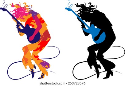 Silhouette abstract guitarist on a transparent background, playing on e-guitar