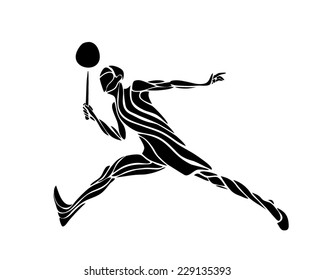 Silhouette of abstract male badminton player jumping for net shot