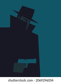 Silhouette Of Abstract Man Wearing Fedora Hat And Raincoat With Raised Collar Holding Gun. Vintage Style Illustration.