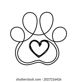 Silhouette of abstract paw as line drawing on white. Vector