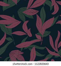 Silhouette abstract seamless pattern with color leaves. Hand drawn botanical vector texture in modern style. Good for fashion prints