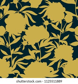 Silhouette abstract seamless pattern with peony flowers and leaves. Blossom floral vector texture in modern style. Hand drawn peonies in pastel colors. Good for fashion prints