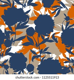 Silueta abstracto patrón sin fisuras con flores y hojas de peón. Textura vectorial floral colorida en flor en estilo moderno. Pioneras dibujadas a mano en colores pastel. Bien por las impresiones de moda