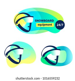 Silhouette abstract sportsman head in glasses. Template logo for extreme snowboard sport equipment. Sketch line vector illustration. 