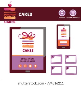Silhouette abstract stylized buttercream birthday cake. Piece of party pie. Concept template logo for confectionery, bakery, candy shop. Sweet dessert decorated with ribbon. Screen view gadget.
