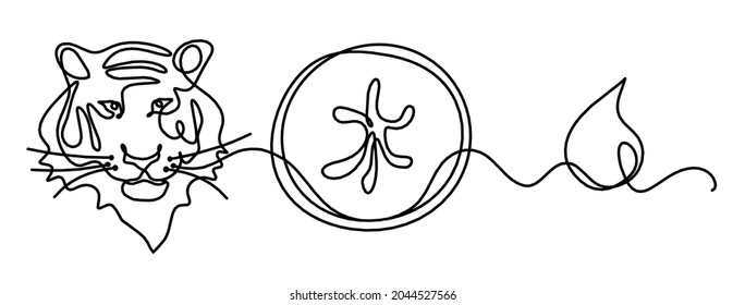 Silhouette of abstract tiger with element of water (feng shui) and hieroglyph means "Water" in english as line drawing on white. Vector