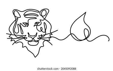 Silhouette of abstract tiger with element of water (feng shui) as line drawing on white. Vector