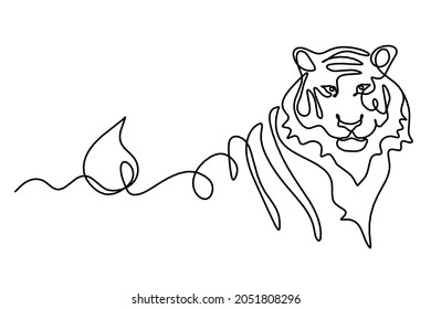 Silhouette of abstract tiger with element of water (feng shui) as line drawing on white. Vector