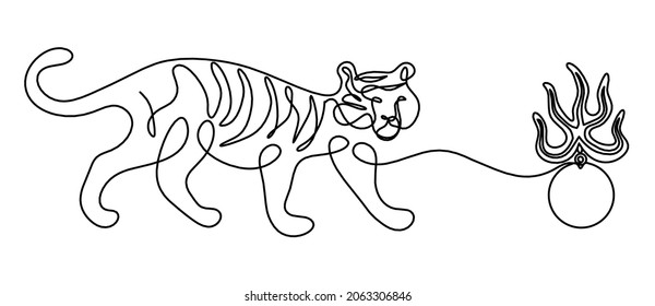 Silhouette of abstract tiger with Fire pearl as protection from flying star "three" in feng shui as line drawing on white. Vector