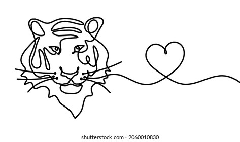 Silhouette of abstract tiger with heart as line drawing on white. Vector