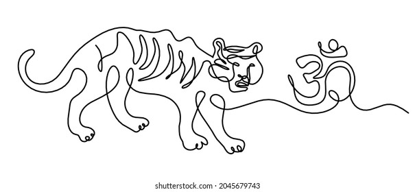 Silhouette of abstract tiger with sign om as line drawing on white. Vector