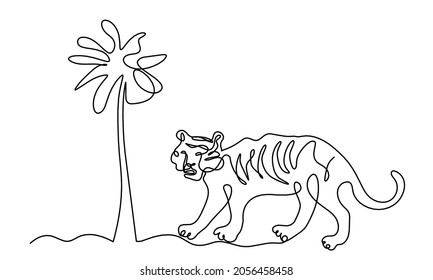 Silhouette of abstract tiger with tree as line drawing on white. Vector