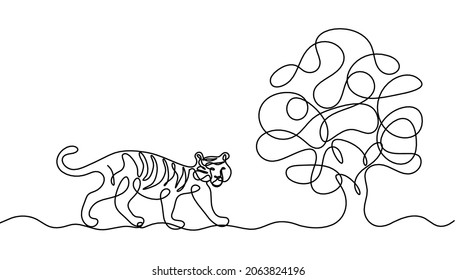Silhouette of abstract tiger with tree as line drawing on white. Vector