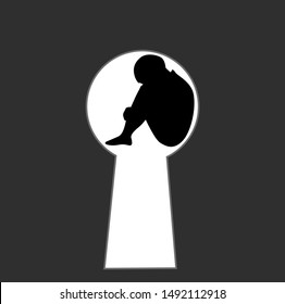 Silhouette of an abused child in a key hole, EPS 8 vector illustration