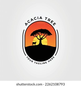 silhouette acacia tree with deer logo vector illustration design