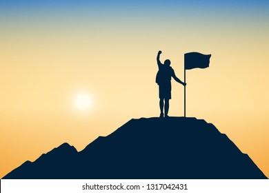 Silhouette of achievement or young man and flag on top mountain, sky and sun light background. Business, success, leadership and goal concept.