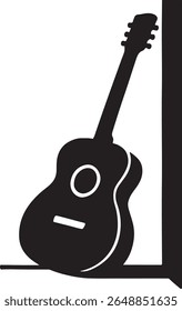Silhouette of an acoustic guitar leaning against a wall simple black and white vector art depicting musical instruments