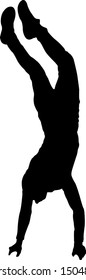 Silhouette of an acrobat standing on hands, on a white background