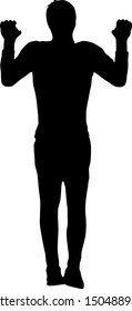 Silhouette of an acrobat standing on hands, on a white background