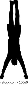 Silhouette of an acrobat standing on hands, on a white background