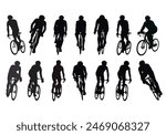 Silhouette action biker in front view. Action cyclist silhouette. Isolated black object on white background. Vector illustration.