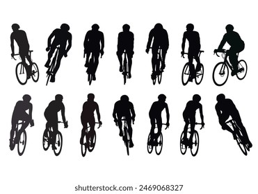 Silhouette action biker in front view. Action cyclist silhouette. Isolated black object on white background. Vector illustration.