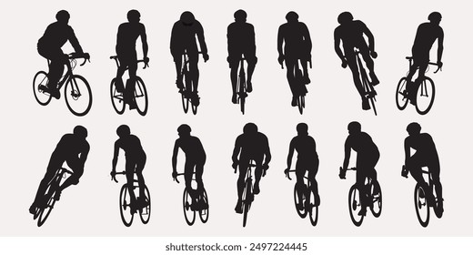 Silhouette action biker vector illustration. Champion bicycle cyclist isolated object on white background.