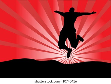 silhouette of a active men jumping with a red background