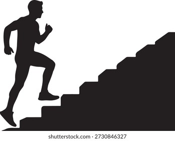 Silhouette of an active person in motion running up a flight of stairs isolated on a white background