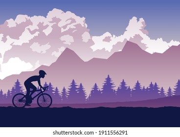 Silhouette of activities of people exercising with bike pass the forest