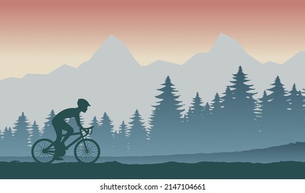 Silhouette of activities of people exercising with bike pass the forest