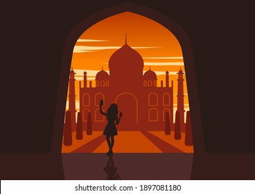 Silhouette of activities of people at famous landmark woman selfie to Taj Mahal of India,vector illustration