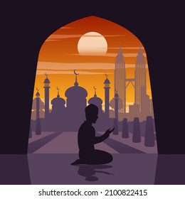 Silhouette of activities of people at famous landmark muslim man pray in mosque in Malaysia,vector illustration