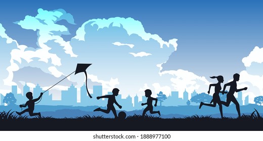 Silhouette of activities of people in park boy play kite,children playing football and couple running
