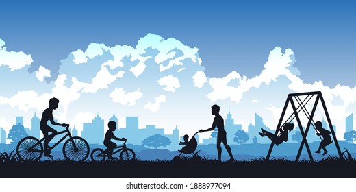 Silhouette Of Activities Of People In Park Father And Son Cycling,man Relax With Baby And Children Play Swing