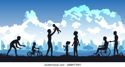 Silhouette of activities of people in park father teach son to ride bicycle,family relax and son take care of his dad