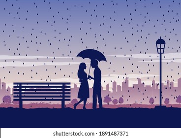 Silhouette of activities of people in park man and woman holding umbrella in the middle of rain
