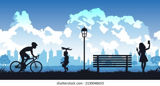 Silhouette of activities of people in park man ride bicycle,boy play plane toy and woman selfie,vector illustration