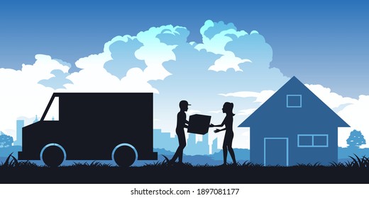 Silhouette of activities of people,woman receive parcel from messenger,vector illustration